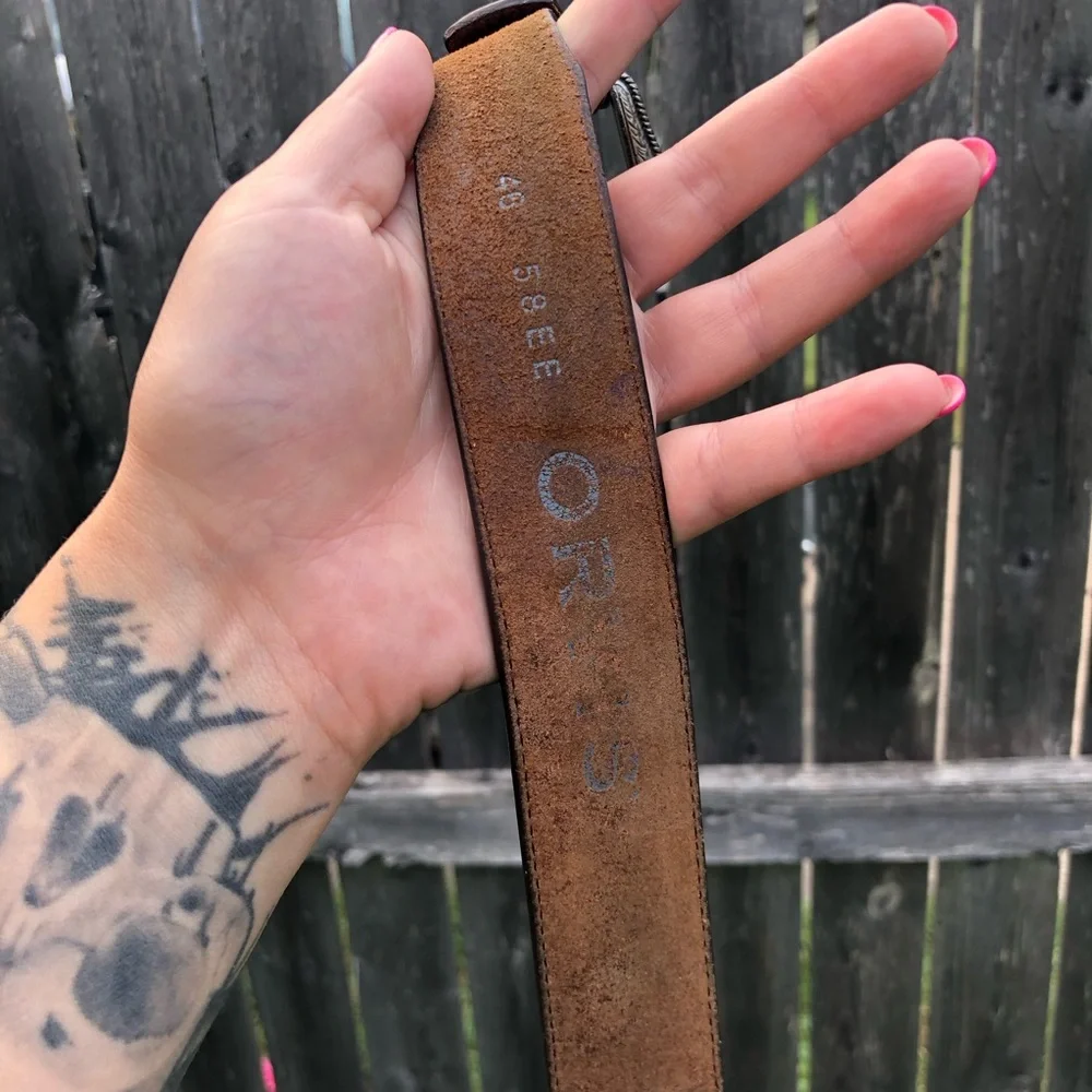 Orvis Brown Leather Belt with Southwestern Inlay and Silver Buckle